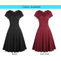 Belle Poque Women Casual Wine Red Cap Sleeve V-Neck High Stretchy A-Line Dress BP000314-2